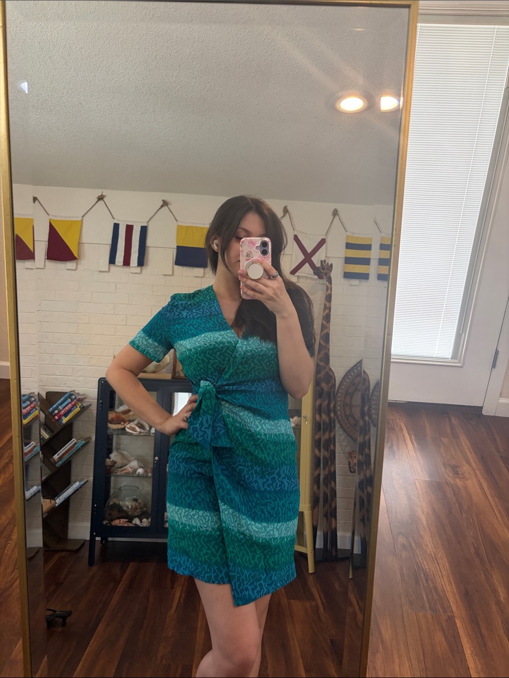 Vintage 100% Silk Green And Blue Patterned Wrap Mini Dress with Side Tie
